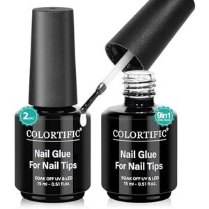 COLORTIFC 9 in 1 Nail Glue Base Coat Super Strong Brush in Gel Nail Glue 2 Pcs 15 ml for False Nails Tips, Rhinestone, Base Gel, Blooming Nail Art Gel Nail Kit for Acrylic Nails U V Lamp Needed, 4Pack
