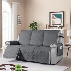 VANSOFY Waterproof Recliner Couch Covers, Sofa Covers 1-Piece Washable Reclining Sofa Cover Non-Slip Furniture Protector with Elastic Straps Pocket for Dogs, Pets(Neutral Gray,3 Seater)