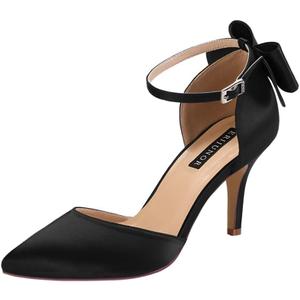 ERIJUNOR Wedding Evening Party Shoes Comfortable Mid Heels Pumps with Bow Knot Ankle Strap Wide Width Satin Shoes (6, Black)