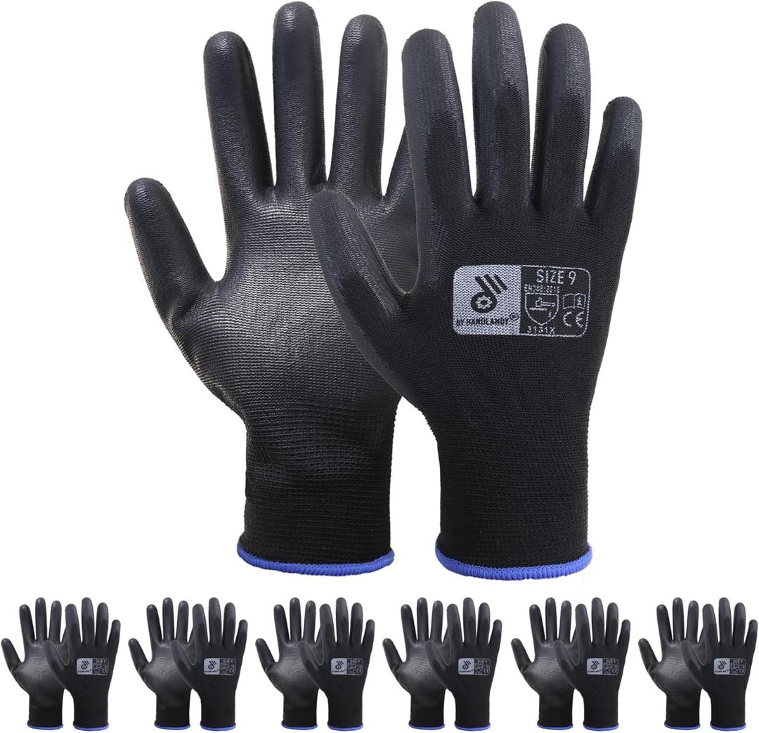 HLDD HANDLANDY PU Coated Safety Work Gloves, 6/12 Pairs Work Gloves (Medium, Black(pack of 6))