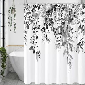 Gibelle Long Shower Curtain 72 x 78, Black and White Floral Shower Curtain, Watercolor Plant Eucalyptus Leaves Fabric Shower Curtain Set
