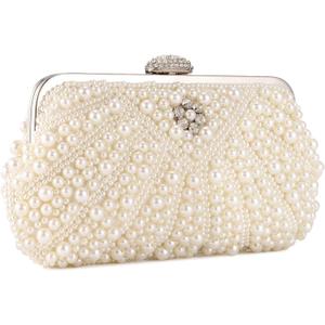 UBORSE Women Pearl Clutch Bag Noble Crystal Beaded Evening Bag Wedding Clutch with Pearl Chain (Cream-coloured)