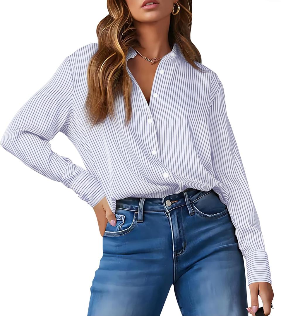 OMSJ Womens Striped Button Down Shirts Casual Long Sleeve Stylish Collared Office Work Blouses Tops (S)