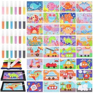 Tenceur 57 Pcs Kids' Sand Art Kits Color Craft Sand Art Pictures Peel  Painting Board Tray Brush Bottles for Kids Valentine's Day DIY Crafts(Underwater World and Transportation)