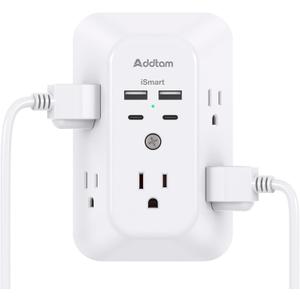 Surge Protector Outlet Extender - Addtam 5-Outlet Splitter with 4 USB Wall Charger(2 USB-C Ports), Multi Plug Outlet Power Strip for Home, Dorm Room Essentials (White)