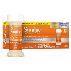 Similac 360 Total Care Sensitive Infant Formula for Fussiness & Gas Due to Lactose Sensitivity, Has 5 HMO Prebiotics, Baby Formula, Ready to Feed, 2-fl-oz Bottle, Pack of 12