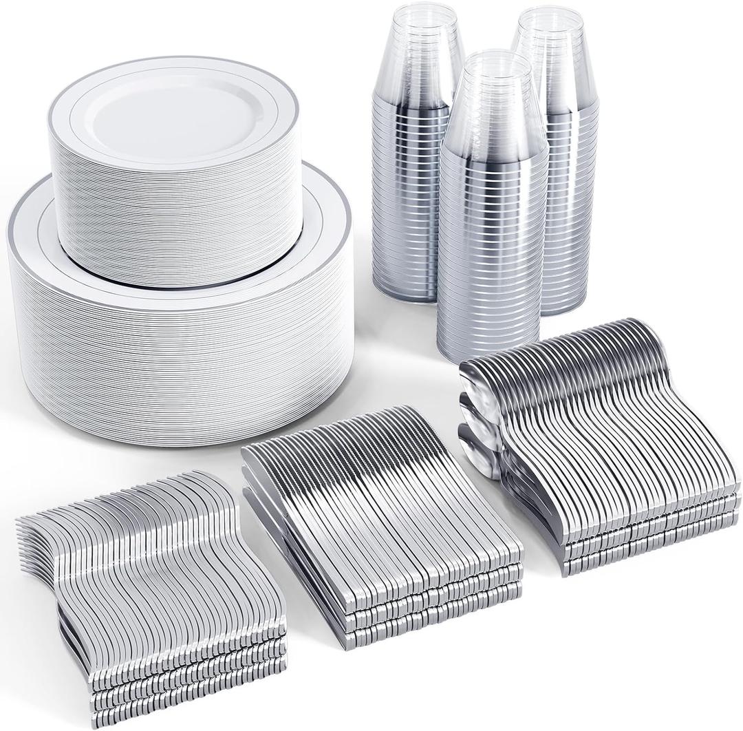 FOCUSLINE 600 Ct Silver Dinnerware Set for 100 Guests - Silver Rimmed White Disposable Plastic Plates, Includes 100 Dinner & Salad Plates, Cups, Cutlery Set for Wedding Parties (100 Guests, Silver)