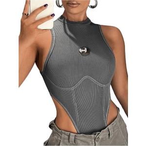 SweatyRocks Women's ICON Letter Patched Detail Sleeveless Body Suits High Cut Skinny Tank Bodysuit Grey Small