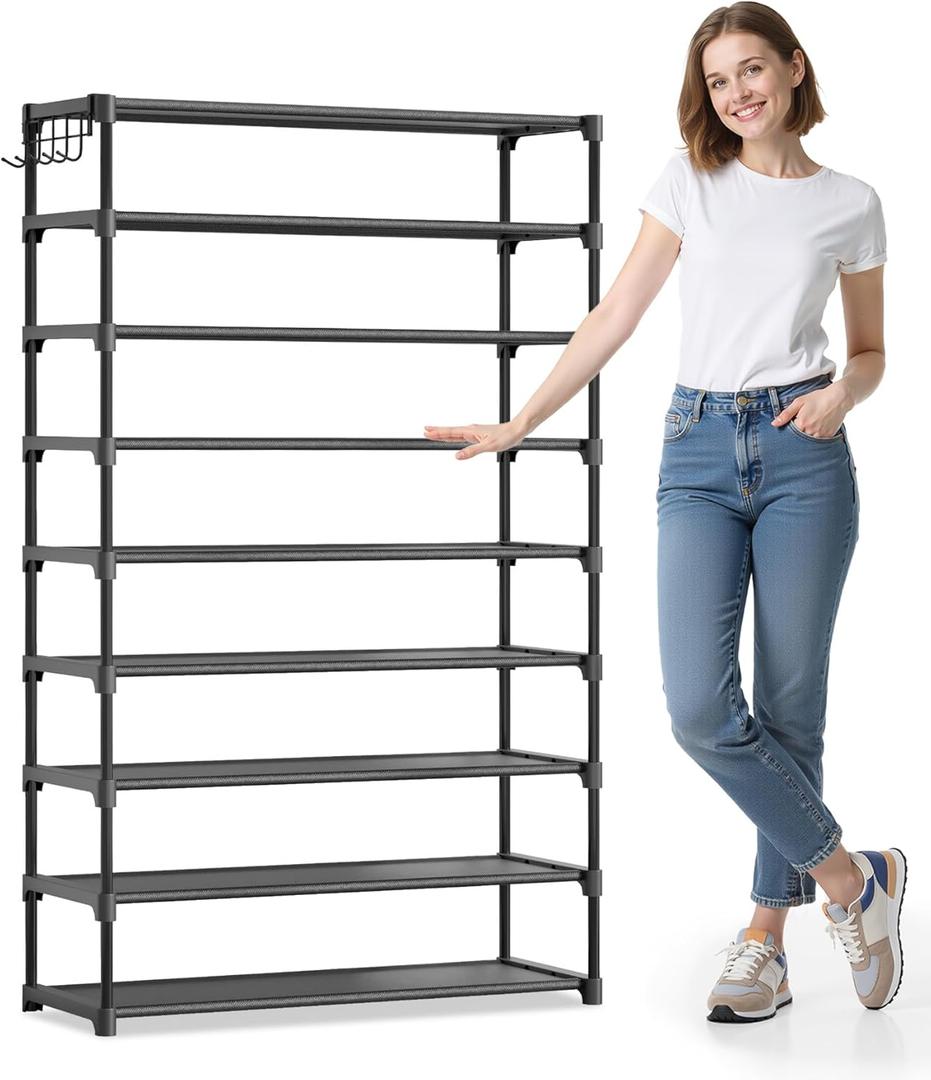 Kitsure Shoe Rack for Closet - 9-Tier Shoe Organizer with Hook Rack, Large-Capacity & Space-Saving Shoe Shelf for Entryway, Bedroom, Living Room,32.2" x 11.8" x 55.1", Black
