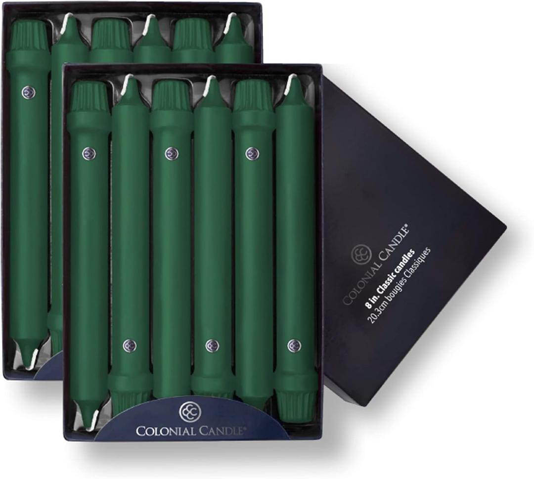 Colonial Candle Unscented Taper Candle, Classic Collection, Evergreen, 8 In, Pack of 12 - Up to 6 Hours Burn