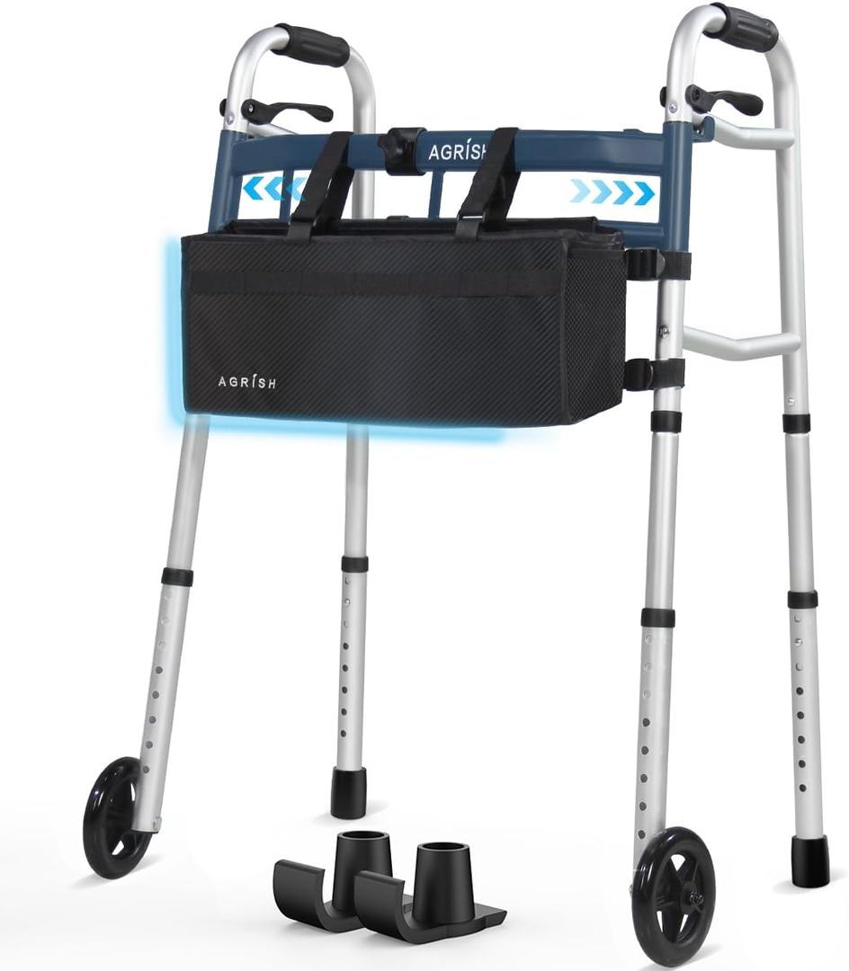 Agrish Narrow Walkers with Storage Bag - FSA/HSA Eligible Width Height Adjustable Walker, Lightweight Folding Walkers for Seniors Handicapped & Disabled, Up to 350 lbs