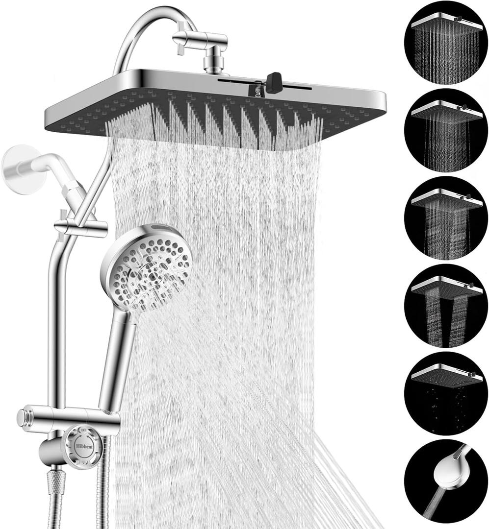 Hibbent Upgraded 13'' Shower Head Combo, High Pressure 5 Spray Rainfall Showerhead, 10 Spray Mode Handheld, All Metal Easy Reach 4-way Diverter Shower Arm with Pause Mode, 71'' Hose and Holder, Chrome
