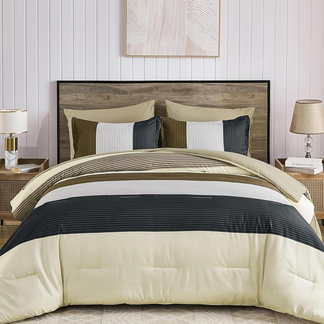 Anibedding 7 Pieces Striped King Size Comforter Set, Soft Microfiber Down Alternative Farmhouse Bedding All Season with Comforter, Pillow Shams, Flat Sheet, Fitted Sheet and Pillowcases (Brown-beige)