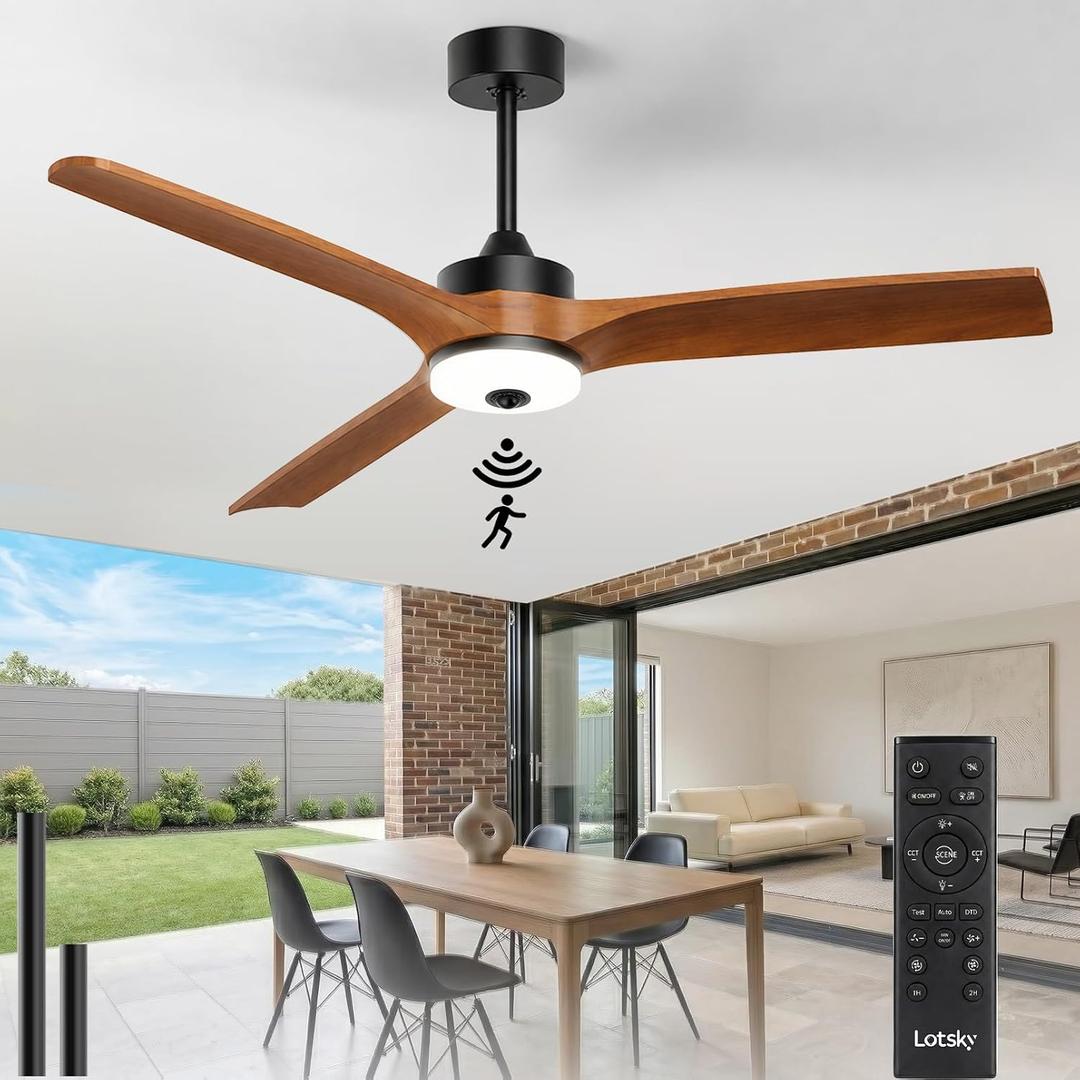 Lotsky Outdoor Motion Sensor LED Ceiling Fan with Light,3 Wood Blades,52", 52in