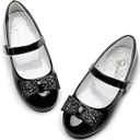 Toddler Girls Dress Shoes - Black Floral Mary Jane Flats for Girls - Water Resistant - All Seasons - Casual - Wedding, Dance, Daily Wear