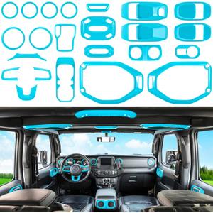 23PCS Full Set Interior Decoration Trim Kit for Jeep Wrangler JL JLU Gladiator JT 2018-2023 Steering Wheel Door Handle Air Conditioning Vent Cup Holder Reading Light Headlight Gear Cover (Light Blue)