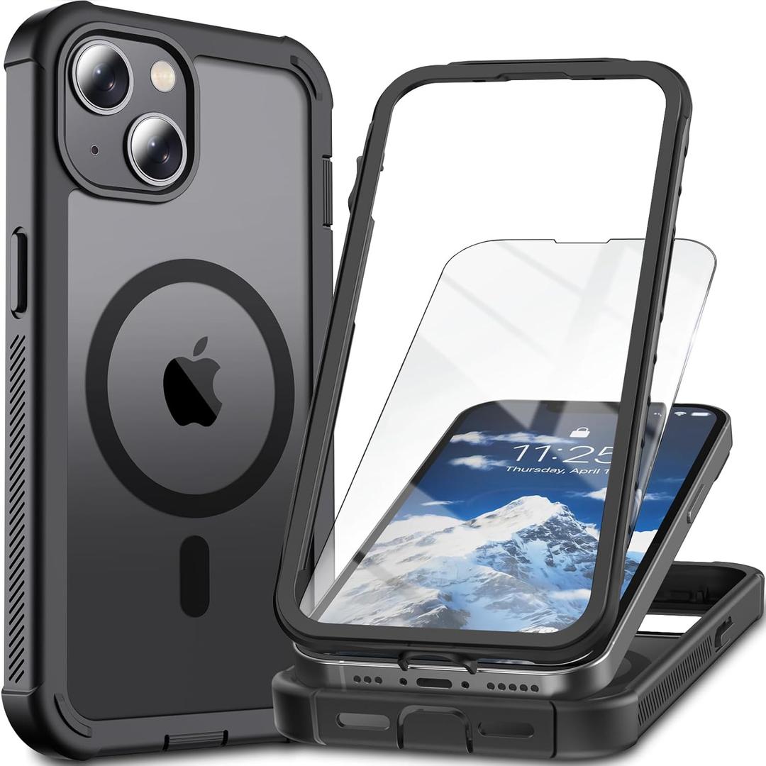 Magnetic for iPhone 13/14 Case,[Screen Protector] [Compatible with MagSafe][Military Grade Drop Protection][Heavy Duty Protection][Shockproof] 2-Layer Durable Bumper Phone Case 6.1"-Black