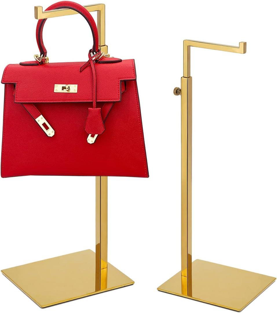 Gold Purse Display Stand, 2 Pack Handbag Display Stand Adjustable Height Stainless Steel Stability Non-slip Base, Large Bags Display Rack Luxury Purse Holder for Table Retail Closet (A-Gold)