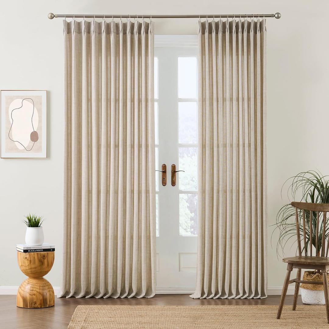 Beige Sheer Pinch Pleated Curtains 96 Inches Long 2 Panels, Back Tab Pleated Drapes Hooks Thick Linen Textured Boho Farmhouse Curtain for Dining Bedroom 70 Inch Wide Each Panel