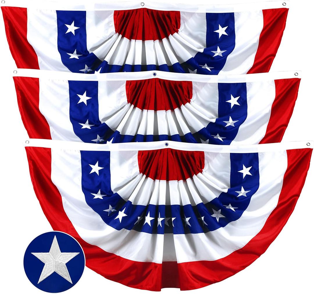 G128  3 Pack: USA Pleated Fan Flag, 3x6 Feet American USA Bunting Decoration Flags EMBROIDERED Patriotic Stars & Sewn Stripes Canvas Header Brass Grommets