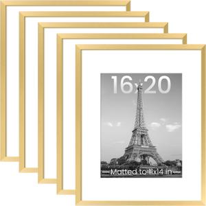 upsimples 16x20 Picture Frame Set of 5, Display Pictures 11x14 with Mat or 16 x 20 Without, Wall Gallery Poster Frames, Gold