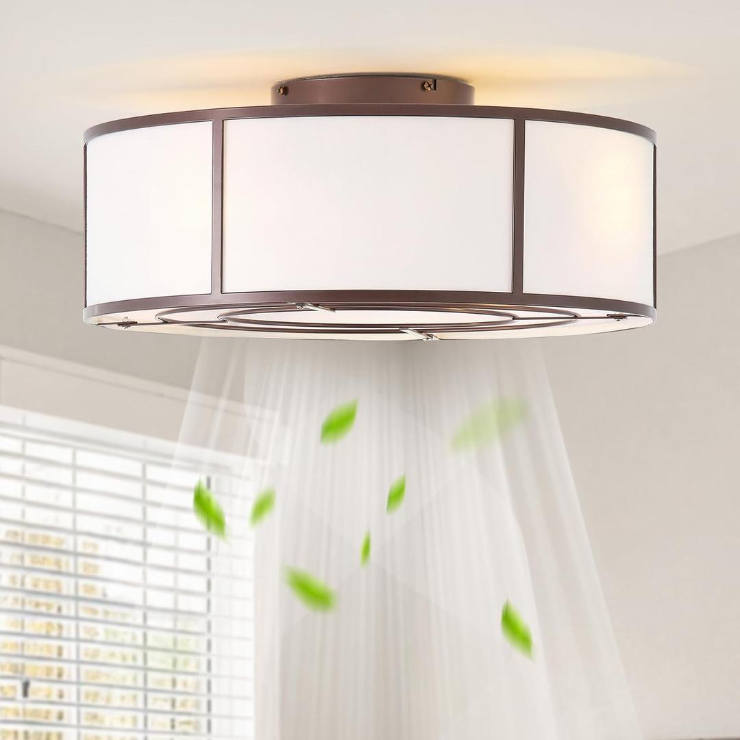 Low Profile Ceiling Fans with Lights, 20" Flush Mount Ceiling Fan with Light, Brown and White Boho Bladeless with 6 Speeds Remote Control for Bedroom, Nursery, Living Room