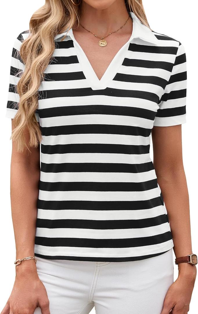 LilyCoco Womens Striped Shirt Fitted Collared Neck Short Sleeve T Shirt Black and White Medium (M)