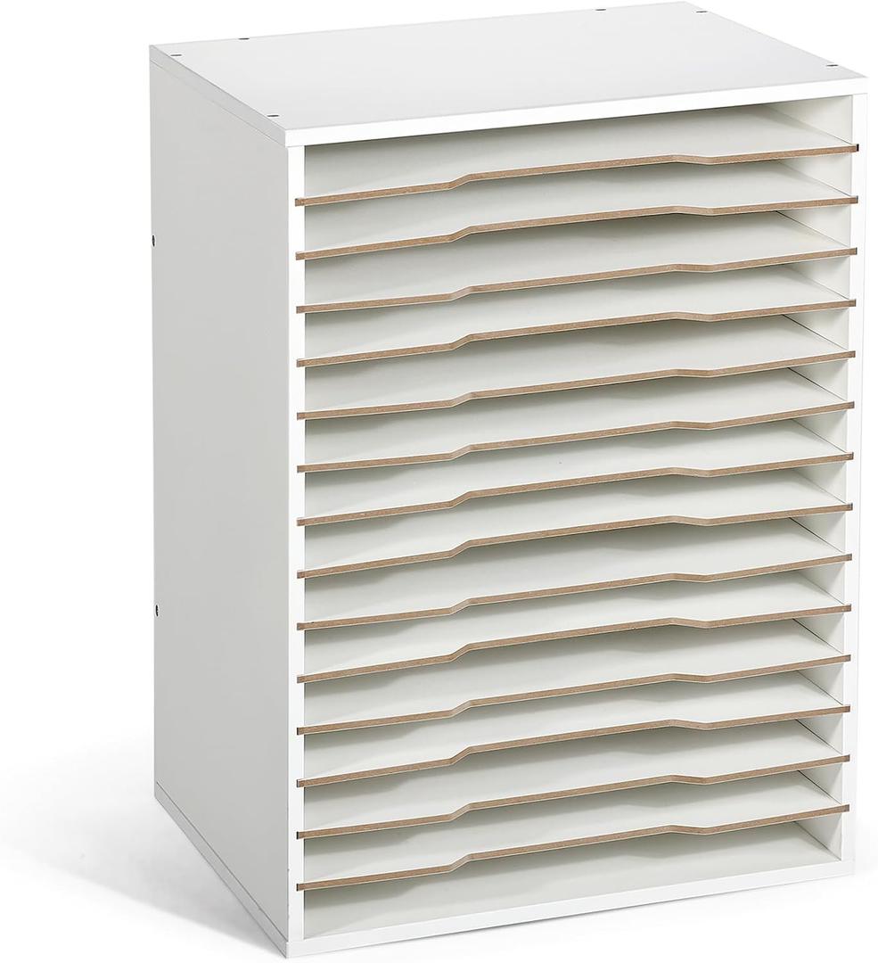 Caydo 15 Slot Paper Organizer Storage, Wood Adjustable Shelves Paper Storage Shelf with Extraction Slot for 12x12Inch Scrapbooks, Heat Transfer Papers, Files, Vinyl for Office, Home (White)