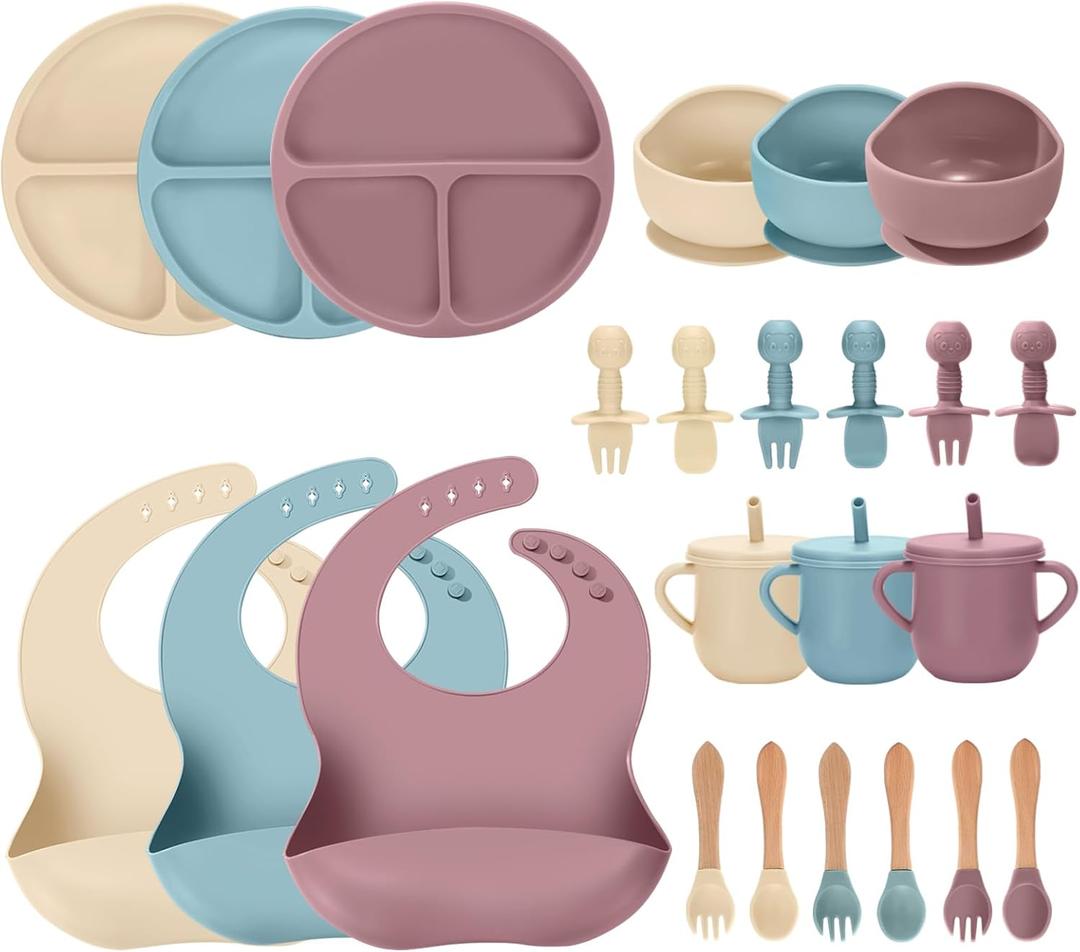 24 PCS Silicone Baby Feeding Set, Baby Led Weaning Supplies Includes Suction Bowls and Divided Plates, Adjustable Silicone Bib, Spoons&forks, Training cup with straw(Pink+Blue+Beige)