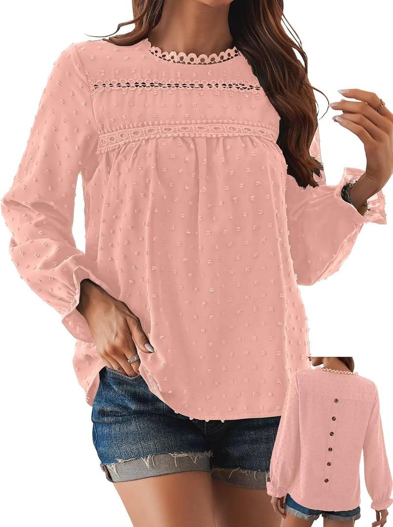 Falechay Womens Boho Tops Long Sleeve Shirts For Women Cute Crewneck Blouse Dressy Casual Swiss Dot Crochet Hollow Top 2026 (XXL)
