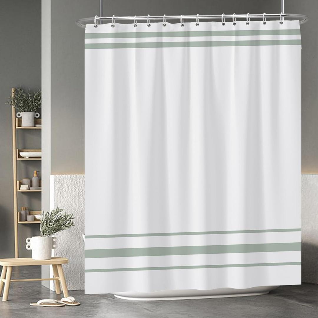 Baocicoo Sage Green Striped Shower Curtain Minimalism Style Shower Curtain Set Black and White Stripes Shower Curtain for Bathroom Waterproof Fabric Bathroom Decorations with Hooks 72x84 Inches (72W x 84H(Extra Height))