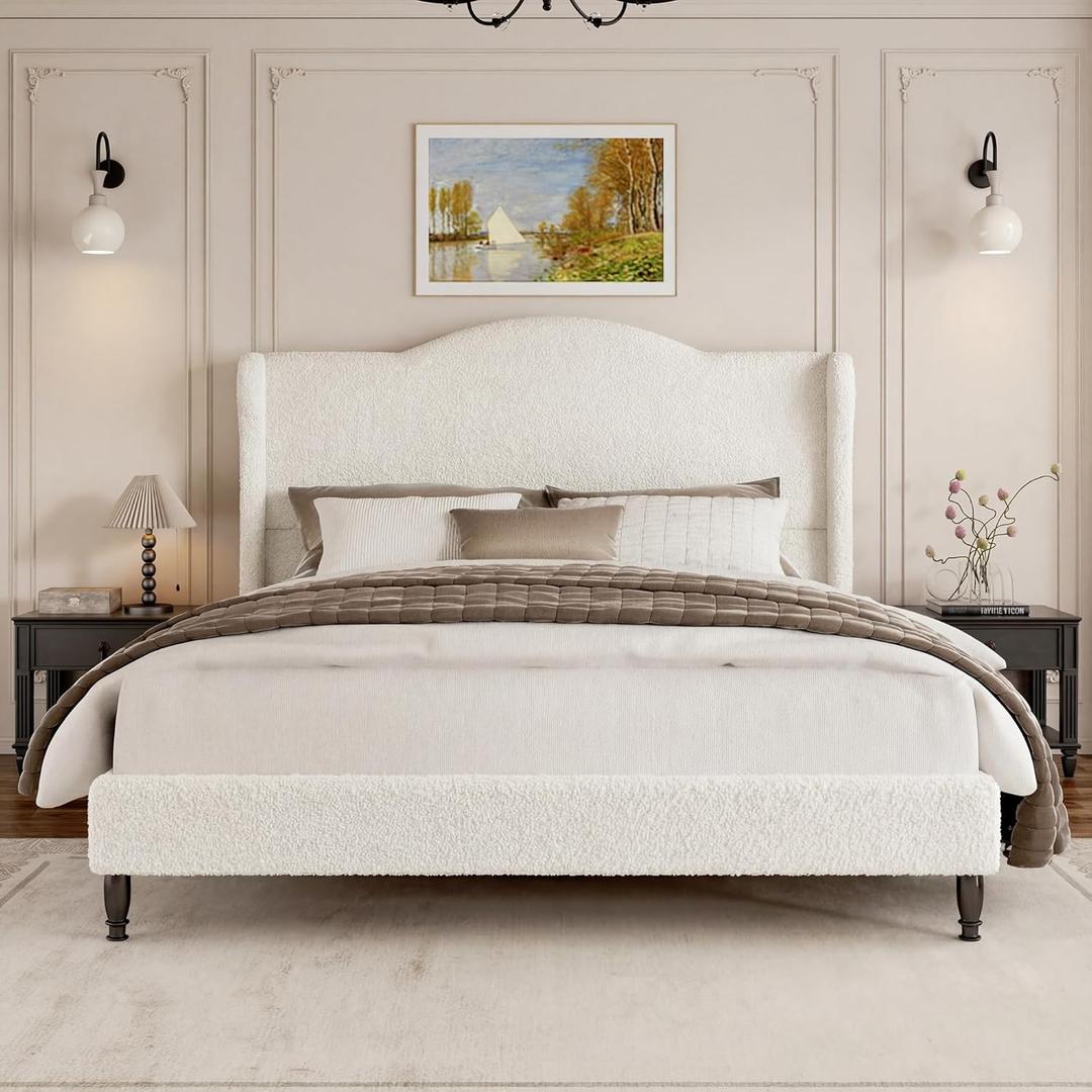 Queen Bed Frame with Wingback Headboard, Upholstered Boucle Platform Bed Frame Easy Assemnly, Solid Wooden Slats Support, Noise-Free, No Box Spring Needed, Soft Cloud Bed for Bedroom, Cream