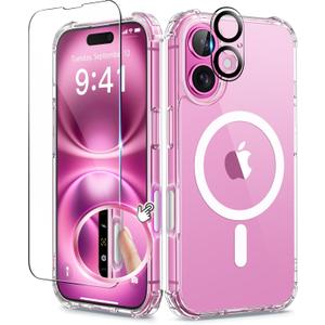 BERFY Compatible with iPhone 16 Plus Case, [Compatible with Magsafe], with Screen Protector + Camera Lens Protector, [Non-Yellowing] Crystal Clear Shockproof Phone Case for Women 6.7", Transparent