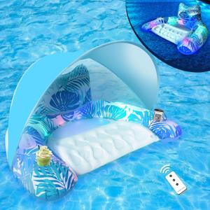 Amandir Pool Float with Canopy, Light-Up XL Pool Water Floating Chair with Adjustable Sun Shade Cover, 2 Cup Holders & 2 Armrests, Inflatable Swimming Pool Lake Beach Party Lounge Floats for Adults