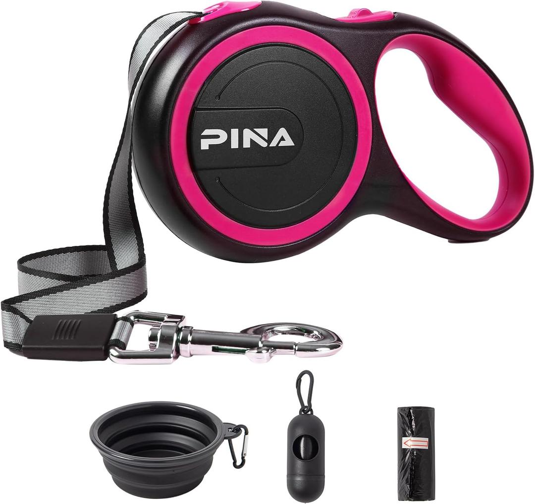 PINA Retractable Dog Leash, 26ft Dog Leash for Small Medium Large Dogs Up to 110lbs, 360 Tangle-Free Strong Reflective Nylon Tape, with Anti-Slip Handle, One-Handed Brake, Lock - Black Pink