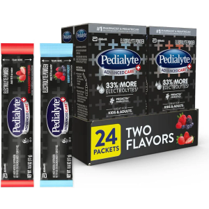Pedialyte AdvancedCare Plus Electrolyte Powder, Has 33% More Electrolytes and PreActiv Prebiotics, Variety Pack: Berry Frost and Strawberry Freeze, 24 Powder Packets