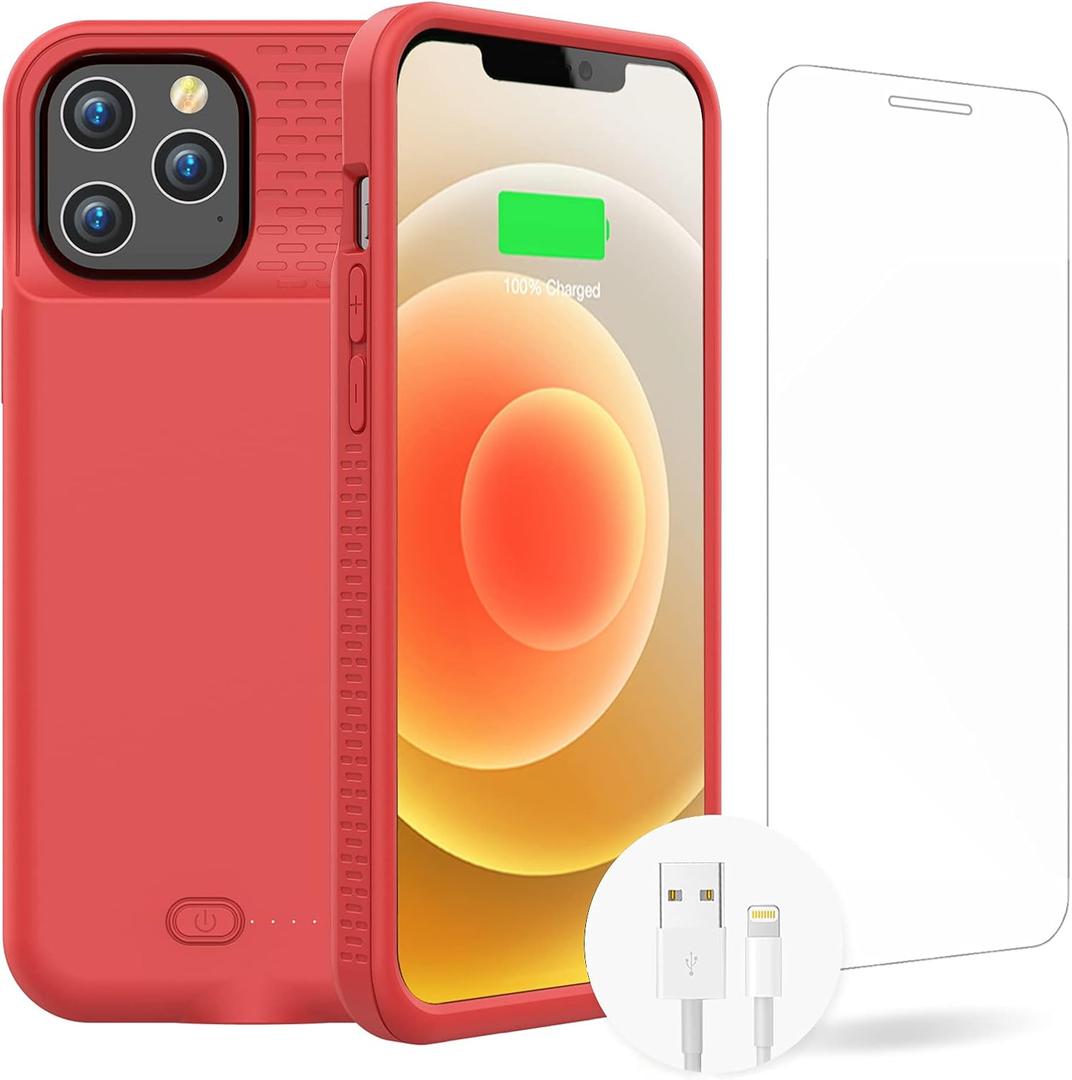 GIN FOXI iPhone 12 Pro Max 7000mAh Battery Case - Ultra-Slim, Rechargeable, Anti-Fall, Red (6.7 inch)