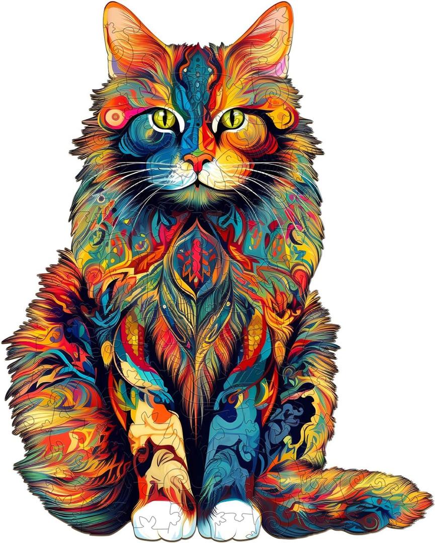 Jigfoxy Wooden Puzzle for Adults, Cat Wooden Jigsaw Puzzles for Adults, Unique Animal Shape Wood Cut Puzzles, Christmas Thanksgiving Gifts for Family Friend(S-8.3 * 6.6in-80pcs) (Small)