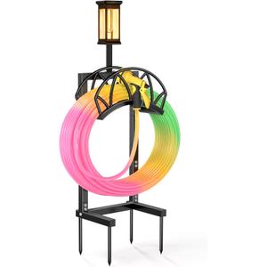 HZE Garden Hose Holder, Freestanding Water Hose Reel Stand for Outside with Solar Light, Heavy Duty Detachable Metal Storage Rack Holds 160 FT for Yard Lawn Farm, Black
