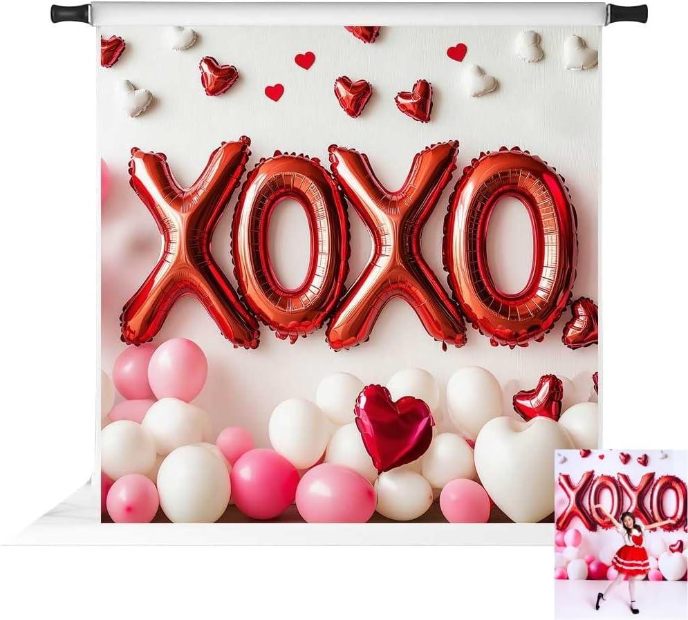 Kate Valentine's XOXO Heart Balloons Backdrop Photo Background Studio Props,8x8ft