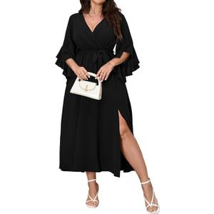 Womens Plus Size Dress Wedding Guest Cocktail Ruffle Half Sleeve Wrap V Neck Slit A Line Maxi Dresses with Belt L