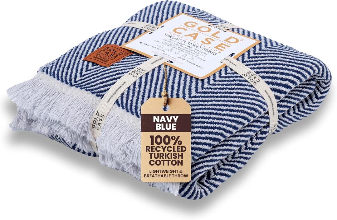 Gold Case Throw Blanket for Couch  100% Recycled Turkish Cotton Blankets & Throws  Elegant Decorative Throw Blankets for Living Room Sofa  Woven Throws for Couch  Elegant Navy Blue  50x60
