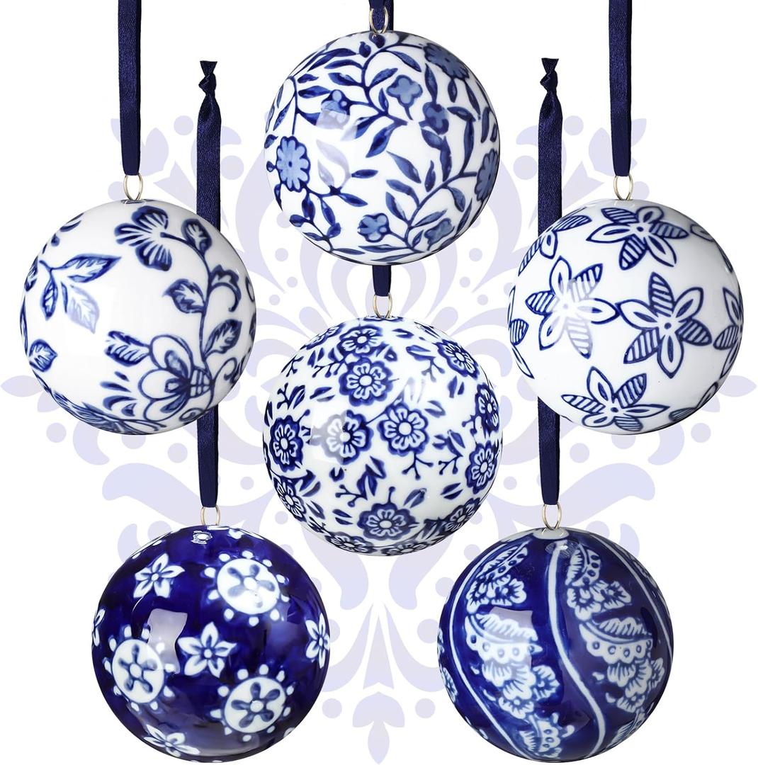 Cindeer 6 Pcs Blue and White Chinoiserie Porcelain Balls 2.4 Inch Porcelain Ornament Bulk New Year Ceramic Hanging Decorative for New Year Chinoiserie Party (Novelty Style)