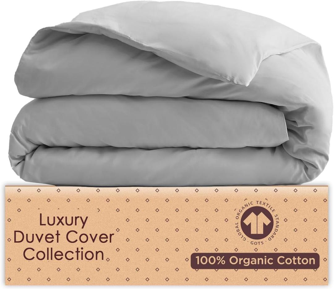 Organic Cotton Duvet Cover Twin/Twin XL  Cloud Grey  GOTS Certified  Soft & Smooth Sateen Weave  Secure Fit with Corner Ties & Envelope Closure  Premium Bedding  Machine Washable  Tissaj