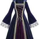 Colorful House Women Medieval Tea Party Dress Victorian Era Bubble Sleeves Velvet High Waist Long Dress with Belt and Gloves (Large, Blue/Purple)