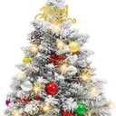 Unves 24 Inch Tabletop Mini Christmas Tree Set,Small Snow Flocked Prelit with Warm LED Lights,Star Treetopper,Plastic Pine Cones,Berrys and Hanging Ornaments for DIY Decorations