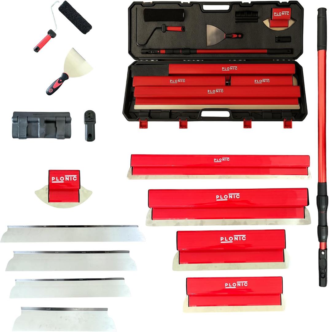 Drywall Skimming Blade Set with Portable Case, Stainless Steel 10", 14", 24", 32" & 40" Skimming Blades with 40"-84" Extension Handle, Drywall Finishing Tools