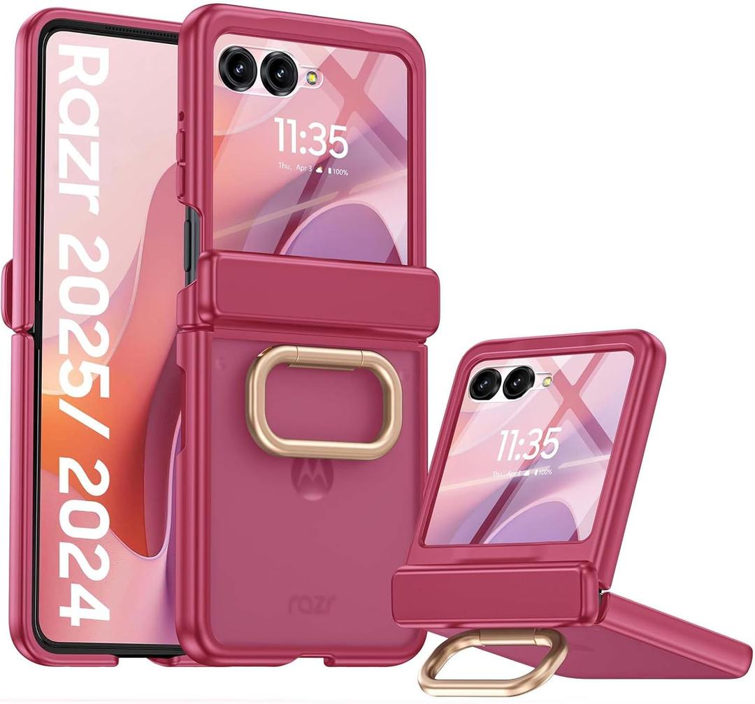 GooseBox for Motorola Razr 2025 Case with Ring Holder, Built-in Screen Protector All-Inclusive Soft Cover Shockproof Wireless Charging for Motorola Razr 2025/Razr 2024(Magenta)