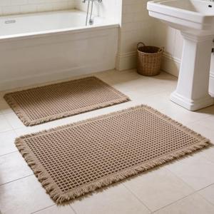 ZVFFDG Set of 2 Waffle Bathroom Rugs, Non Slip Absorbent Waffle Knit Bath Mat for Shower Floor, Tub and Bathroom Door, Ultra Soft Quick Dry, Brown, 17"x24"+18"x30"