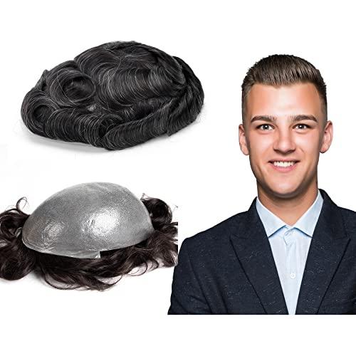 GEX Toupee For Men Human Hair HairPiece 0.08mm Thin Skin 8x10 inch Natural Black Mixed with 10% Grey Durable V-looped Wig Replacement Systems TS(1B10#)